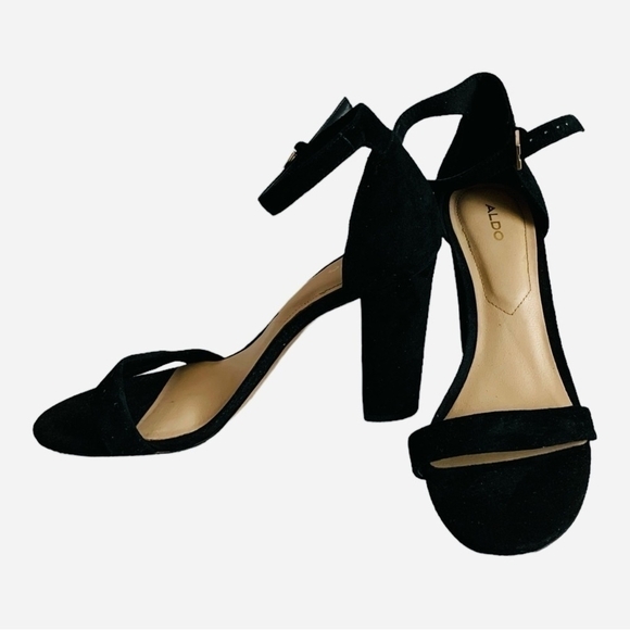 Women’s Shoes ALDO Suede Leather Open Toe Heel Sandals Black Ankle Strap Heels - Picture 3 of 7